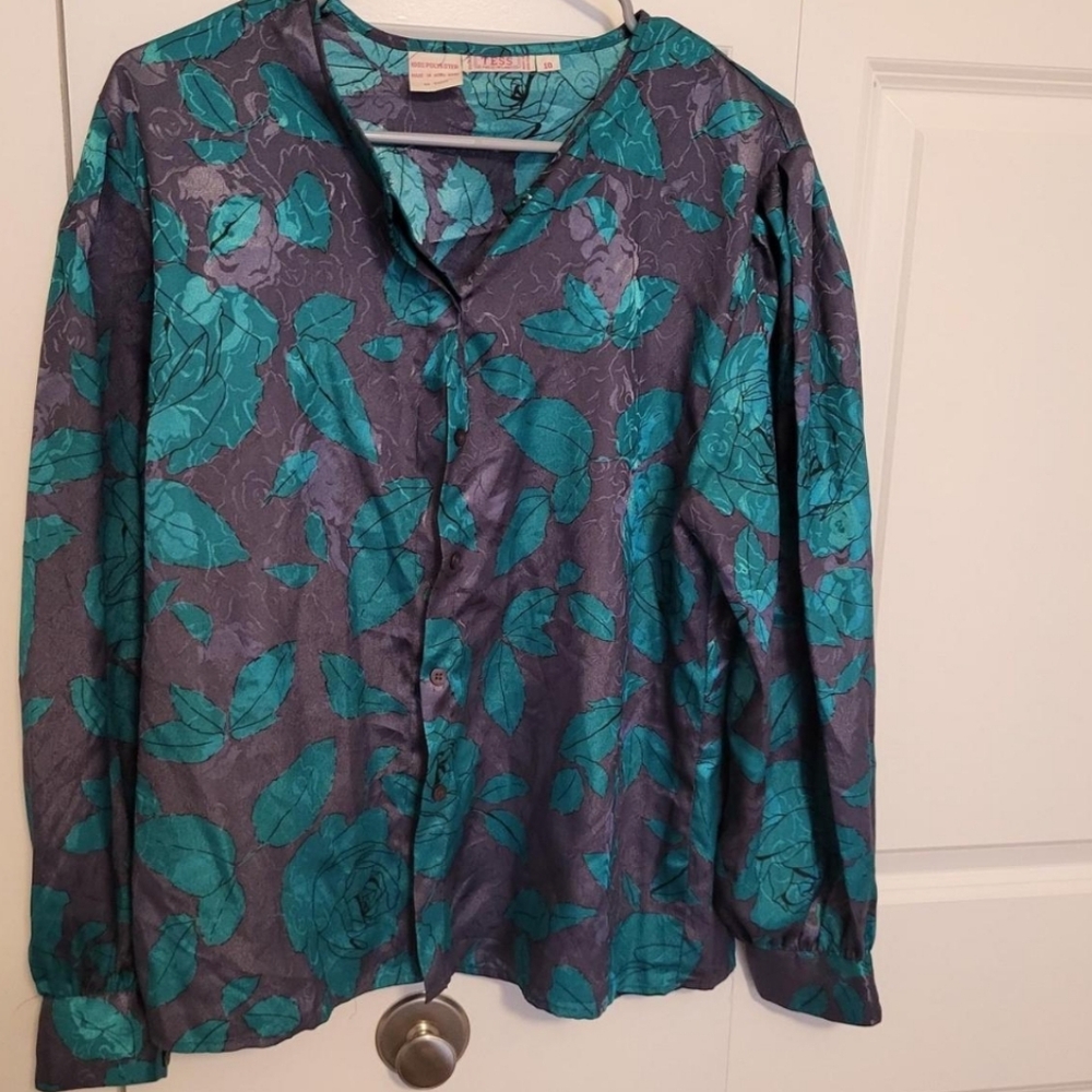 Women's vintage 80s floral satin blouse